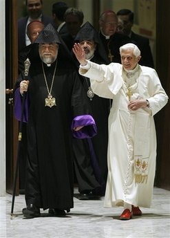 Image of Pope Benedict XVI, right, and Catholicos Aram I, the spiritual head of the Armenian Apostolic Church, arrive for the weekly general audience at the Vatican, Wednesday Nov. 26, 2008.