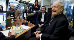 Image of (Pictured: Cardinal Egan hosting his final program)
A Conversation with the Archbishop can be heard on Thursdays at 1 pm ET with replays every Saturday at 6 am and 1 pm ET and Sundays 9 am, 6 pm and midnight ET. The program is carried on Sirius XM’s The Catholic Channel, located at Sirius channel 159 and XM channel 117. 