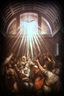 Image of Suddenly there came from the sky a noise like a strong driving wind, and it filled the entire house in which they were. Then there appeared to them tongues as of fire, which parted and came to rest on each one of them. And they were all filled with the Holy Spirit and began to speak in different tongues, as the Spirit enabled them to proclaim.