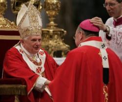 Image of The Holy father bestowing the Pallium on Archbishop Timothy Dolan of New York.