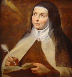 Image of Teresa de Cepeda y Ahumada was born March 28, 1515 in Avila and died October 4, 1582 in Alba de Tormes. She founded the Discalced Carmelites, a branch of the Order of Our Lady of Mt. Carmel, and was a mystic and writer, and a doctor of the Church.<br>