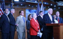 Image of Pro-life House members, from left, Reps. Phil Roe (R-Tenn.), Bill Cassidy (R-La.), Phil Gingrey (R-Ga.), Michele Bachmann (R-Minn.), Virginia Foxx (R-N.C.), John Fleming (R-La.), Joe Pitts (R-Pa.), Jean Schmidt (R-Ohio), Tom Price (R-Ga.) and Mary Fallin (R-Okla.) (not seen) held a press conference on Tuesday in support of amending Obama's health care plan to forbid the use of federal funds for abortions. (CNSNews.com/Penny Starr)