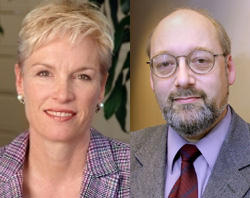 Image of Cecile Richards of Planned Parenthood and Richard Doerflinger of the United States Conference of Catholic Bishops.
