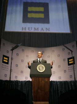 Image of (President Barack Obama at Human Rights Campaign Banquet) 'Thank you for the work you're doing. God bless you. God bless America'. 