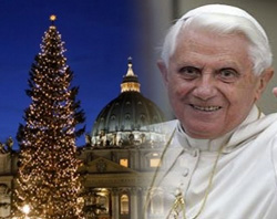 Image of Pope Benedict XVI and the Christmas tree in the background.