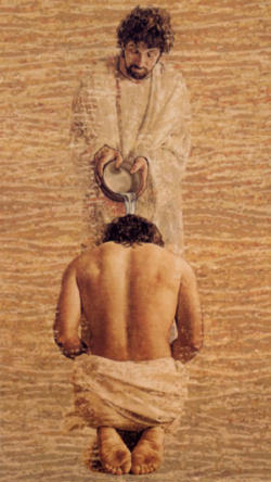 Image of Jesus rises from the waters; the world rises with him. The heavens, like Paradise with its flaming sword, closed by Adam for himself and his descendants, are rent open. 