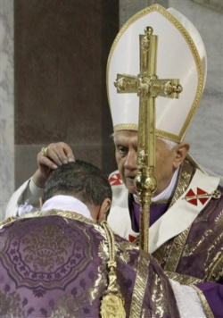 Pope Benedict XVI distributing Ashes on Ash Wednesday 2010. Image of Pope Benedict XVI distributing Ashes on Ash Wednesday 2010.