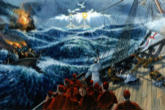 Image of The now famous vision of Don Bosco's vision of the Church proceeding through troubled waters, led by the Vicar of Christ and guided by the twin pillars of Our Lady and the Holy Eucharist. 