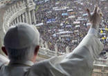 Image of Pope Benedict XVI greets a crowd of over 200,000 in Rome.