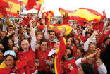 Image of Spanish youth celebrate the arrival of Pope Benedict XVI for World Youth Day in Madrid, Spain.