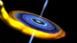 Image of An artist's rendition of IGR J17091-3624 consuming gas from its companion and spewing jets.