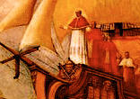 Image of A vision of Don Bosco wherein he saw the Pope steering the ship of the Church through troubled waters, guided by the power of the Holy Eucharist and the prayers of the Blessed Virgin.