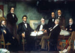 Image of Abraham Lincoln signing the emancipation proclamation