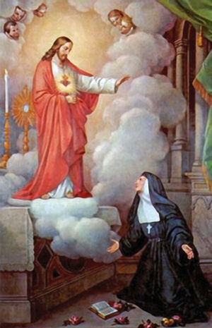 Saint Margaret Mary of Alocoque encountering the Sacred Heart of Jesus