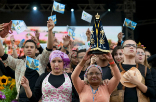 Image of Visitors to the Marian shrine wait excitedly for Pope Francis to begin Mass.