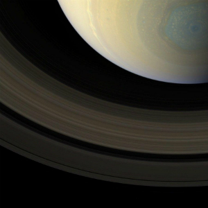 Image of The mysterious gray-blue-tinted hexagonal storm is visible in this image captured on Oct. 10.