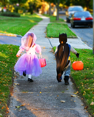 Happy trick or treaters on Halloween.