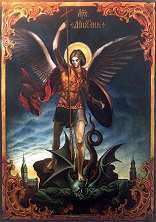 Image of St Michael doing battle with Satan