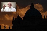 Image of Pope Francis against the silhouette of St Peters Basilica in Rome