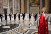 Image of Pope Francis presiding at a marriage Liturgy at St Peters. This Pope is a stalwart and unbending supporter of the objective truth concerning the nature of marriage and family.
