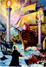 Image of The saint saw the Church as a great Ship of Peter surrounded by a flotilla of other vessels. They were engaged in intense warfare. At the helm of the Church was the Pope who at one point in a fierce battle fell mortally wounded. The enemies of the Church closed in sensing this was their moment. In the vision two columns then emerged from the great ocean