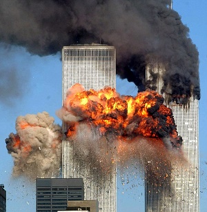 The Word Trade Towers under assault from terrorists on 9/11