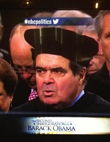 Image of Justice Antonin Scalia at the second Inauguration of President Barack Obama, wearing a replica of the hat worn by Thomas More