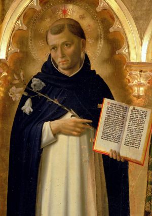 A rendering of St Dominic, the great preacher, pointing to the Gospel