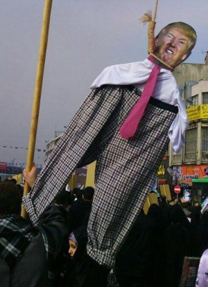 A cutout of U.S. President Donald Trump was lynched at Iran's Revolution anniversary rally (Sobhan Hassanvand/Twitter).