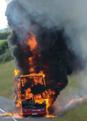 The bus (not pictured) was already on fire when the warning light alerted the driver.