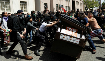 Conservative Trump supporters struggle with communist millennials who are literally trying to spread trash and filth in the street. This figuratively illustrates what is going on in our country.