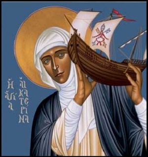 Image of St Catherine of Siena holding up the Church