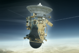 A NASA rendition of Cassini's final dive in Saturn.