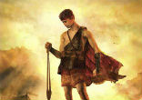 Image of King David first appears in the Bible as the young shepherd who kills the giant, Goliath.