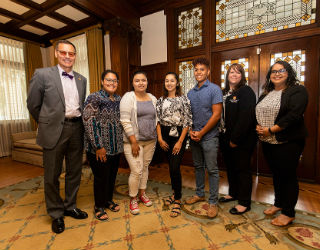 UST President Dr. Richard Ludwick with Rising Star Internship students Julianna Figueroa Rojas, Lily Martinez, Galilea Nunez, Juan Avalos, Career Services Director Paula Marsh and Career Services Mentor Betsy Rajan. Missing from the photo is UST freshman Alejandra Neria