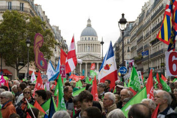 Protesters wave flags and hold signs