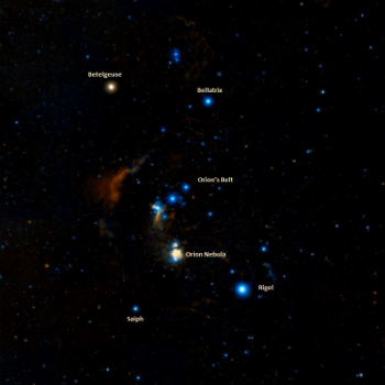 Image of Betelgeuse is a well-known red supergiant star in the upper left of the constellation Orion.