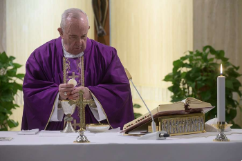 Image of Pope Francis offers a private Mass in the chapel of Casa Santa Marta March 15 2020