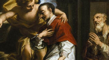 Image of An angel comforts St. Charles Borromeo, who sustained the city of Milan out of his own pocket during and outbreak of plague. 