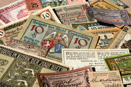 Image of German notgeld, emergency currency from the Weimar era. The flawed policies of this era helped lead Germany into its darkest chapter. 