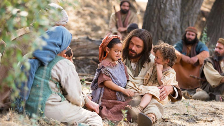 Image of Jesus loves all children, and takes them home by the hand. 