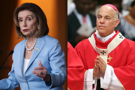Image of U.S. Speaker of the House Nancy Pelosi (D-CA) at the U.S. Capitol on May 19, 2022, in Washington, D.C. (l), and Archbishop of San Francisco Salvatore Joseph Cordileone at St. Peter's Basilica on June 29, 2013, in Vatican City, Vatican (r). | Kevin Dietsch, Franco Origlia/Getty Images
