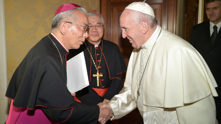 Image of Archbishop Tarcisius Isao Kikuchi with Pope Francis. 