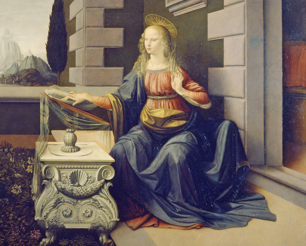 Image of The Annunciation by Leonardo da Vinci, detail.