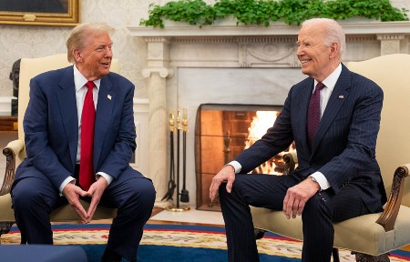 Image of Biden and President-elect Donald Trump meet in the Oval Office as part of the presidential transition on November 13, 2024.