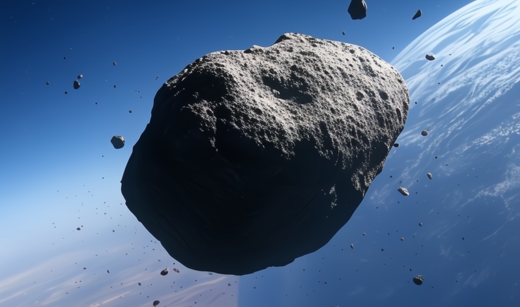 Image of An AI generated image of an asteroid near Earth (Grok).