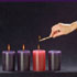 Image of CANDLE FOR THIRD WEEK OF ADVENT -  The rose colored candle represents is lit during the third week of Advent and the color represents a hopeful look toward Christ's coming. (CNS) 