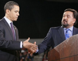 Image of Democratic presidential hopeful Sen. Barack Obama D-Ill., left, smiles with New Mexico Gov. Bill Richardson, Friday, March 21, 2008, at the Memorial Coliseum in Portland, Ore. where Richardson announced his endorsement of Obama.