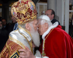 Image of The Holy Father greets Chaldean Archbishop Rahho, while first Chaldean Cardinal, Patriarch Mar Emanuel III Delli, looks on. Archbishop Rahho would shortly thereafter be martyred for the ancient Catholic Christian faith. 