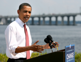Image of Democratic presidential nominee Sen. Barack Obama speaks with reporters in Jacksonville, Florida, during a press conference on Friday, June 20, 2008. (Joe Burbank/Orlando Sentinel/MCT)